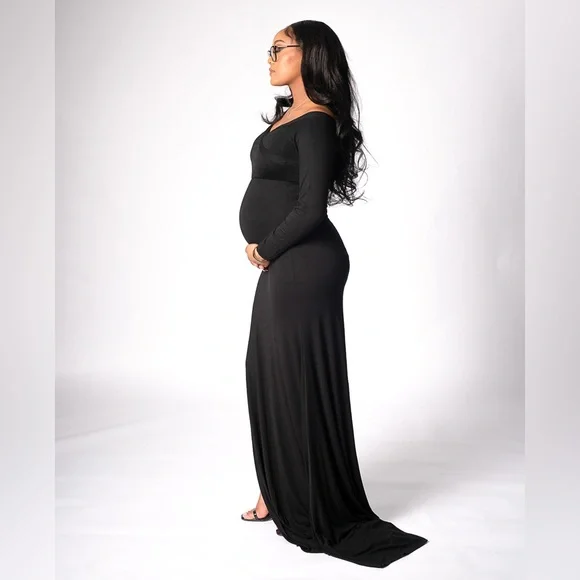 slim fit dress slacks Pinkblush Maternity Pink Solid Off Shoulder Maxi Dress